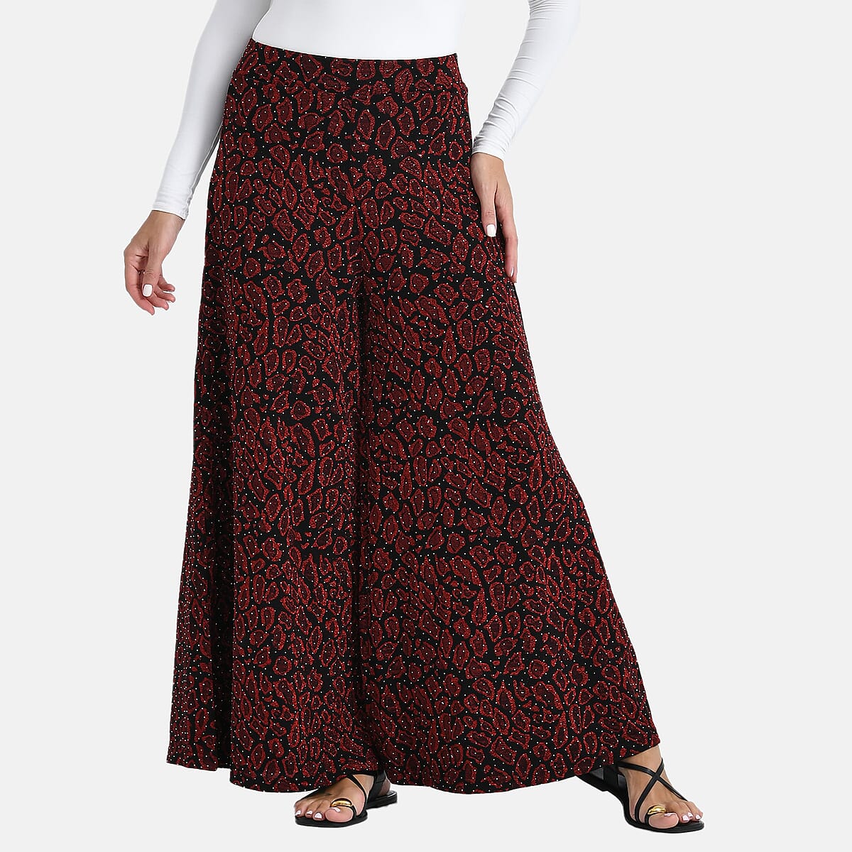 Tamsy Red Printed Wide Leg Pants with Crystal Embellishment - One Size Fits Most image number 0