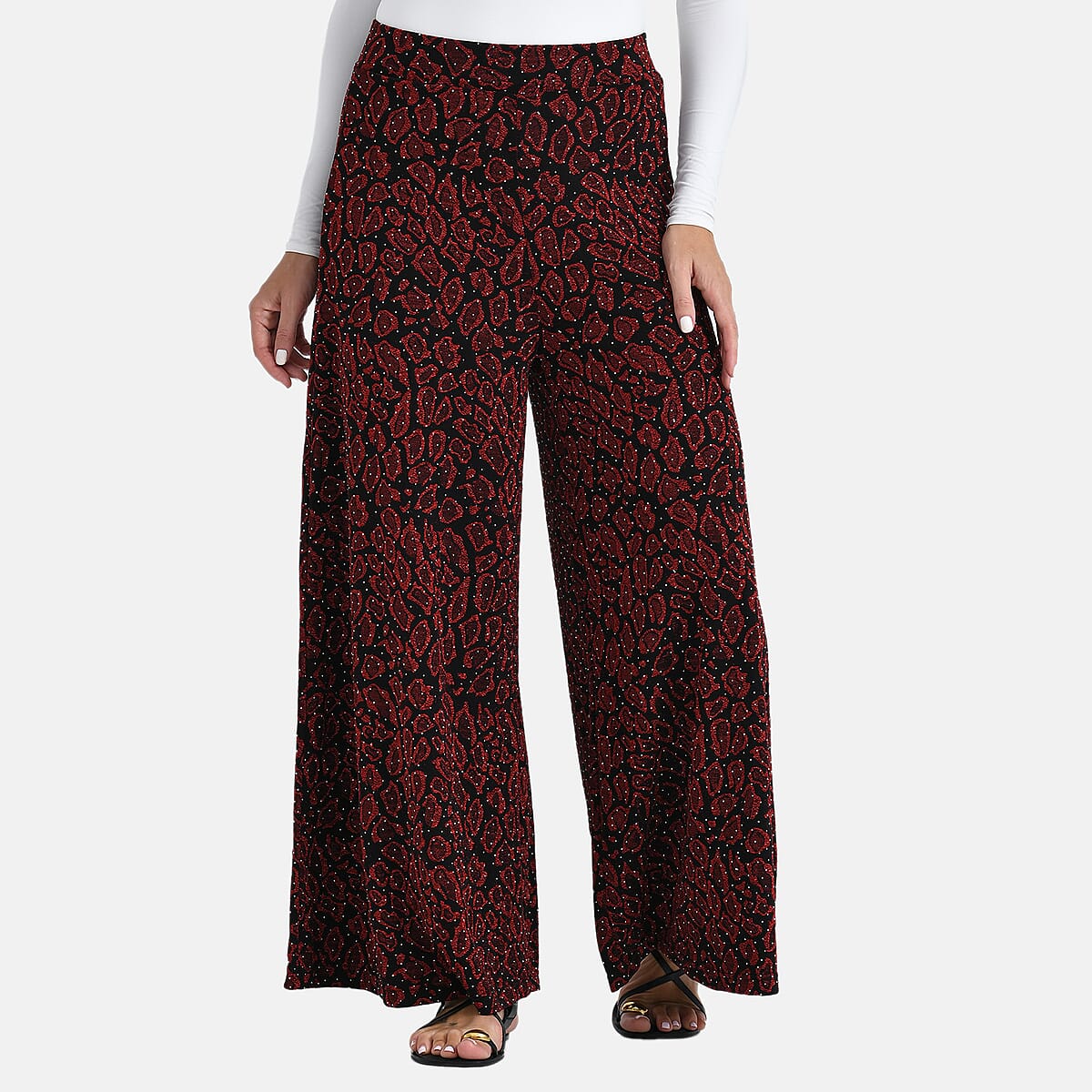 Tamsy Red Printed Wide Leg Pants with Crystal Embellishment - One Size Fits Most image number 1