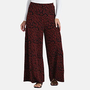 Tamsy Red Printed Wide Leg Pants with Crystal Embellishment - One Size Fits Most