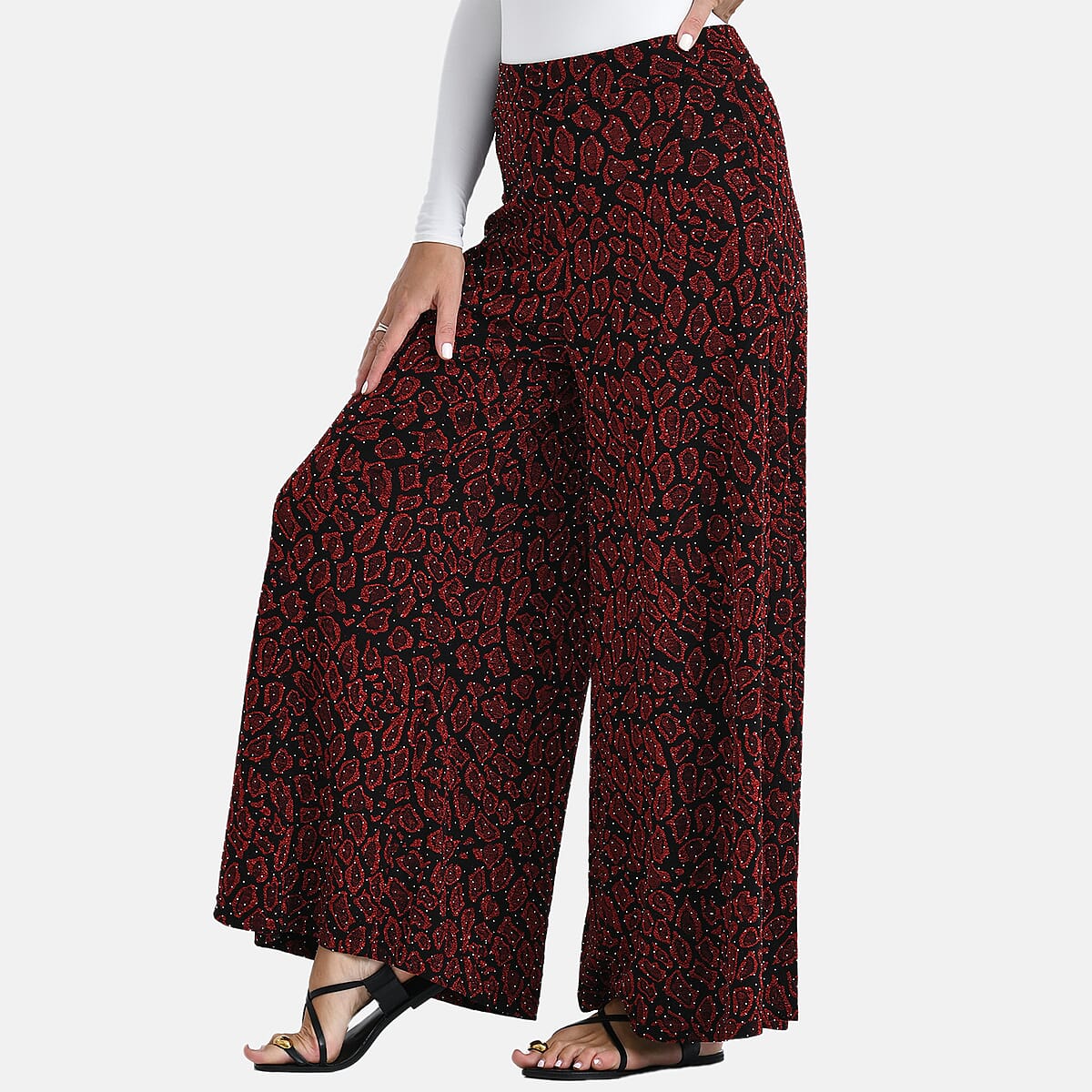Tamsy Red Printed Wide Leg Pants with Crystal Embellishment - One Size Fits Most image number 2