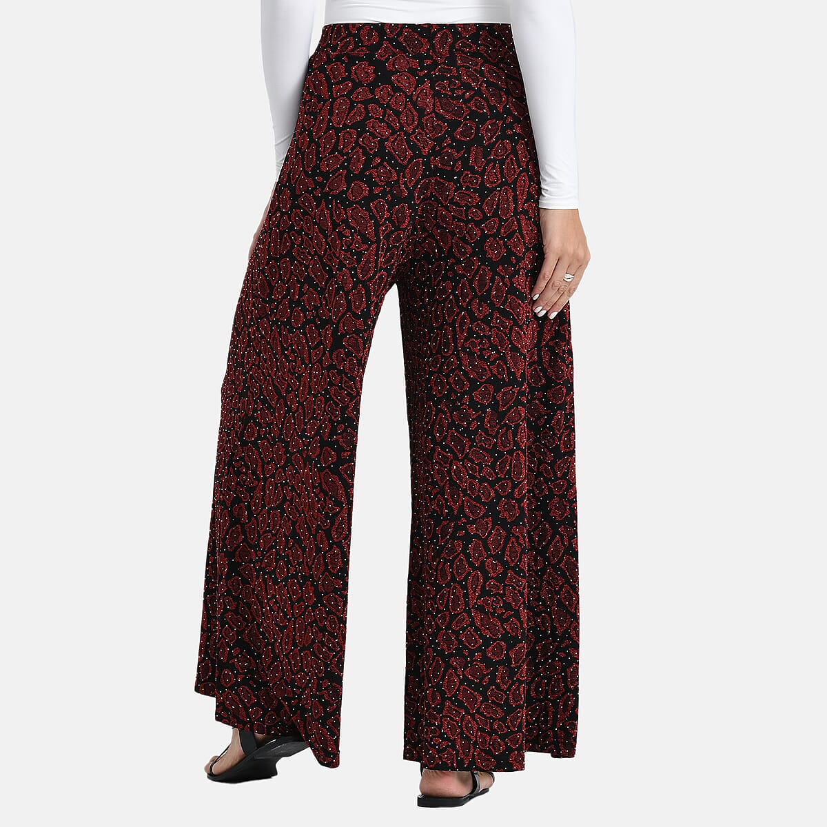 Tamsy Red Printed Wide Leg Pants with Crystal Embellishment - One Size Fits Most image number 3