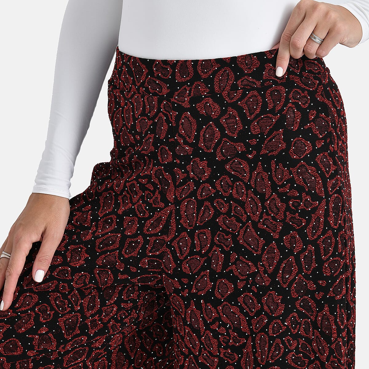 Tamsy Red Printed Wide Leg Pants with Crystal Embellishment - One Size Fits Most image number 4