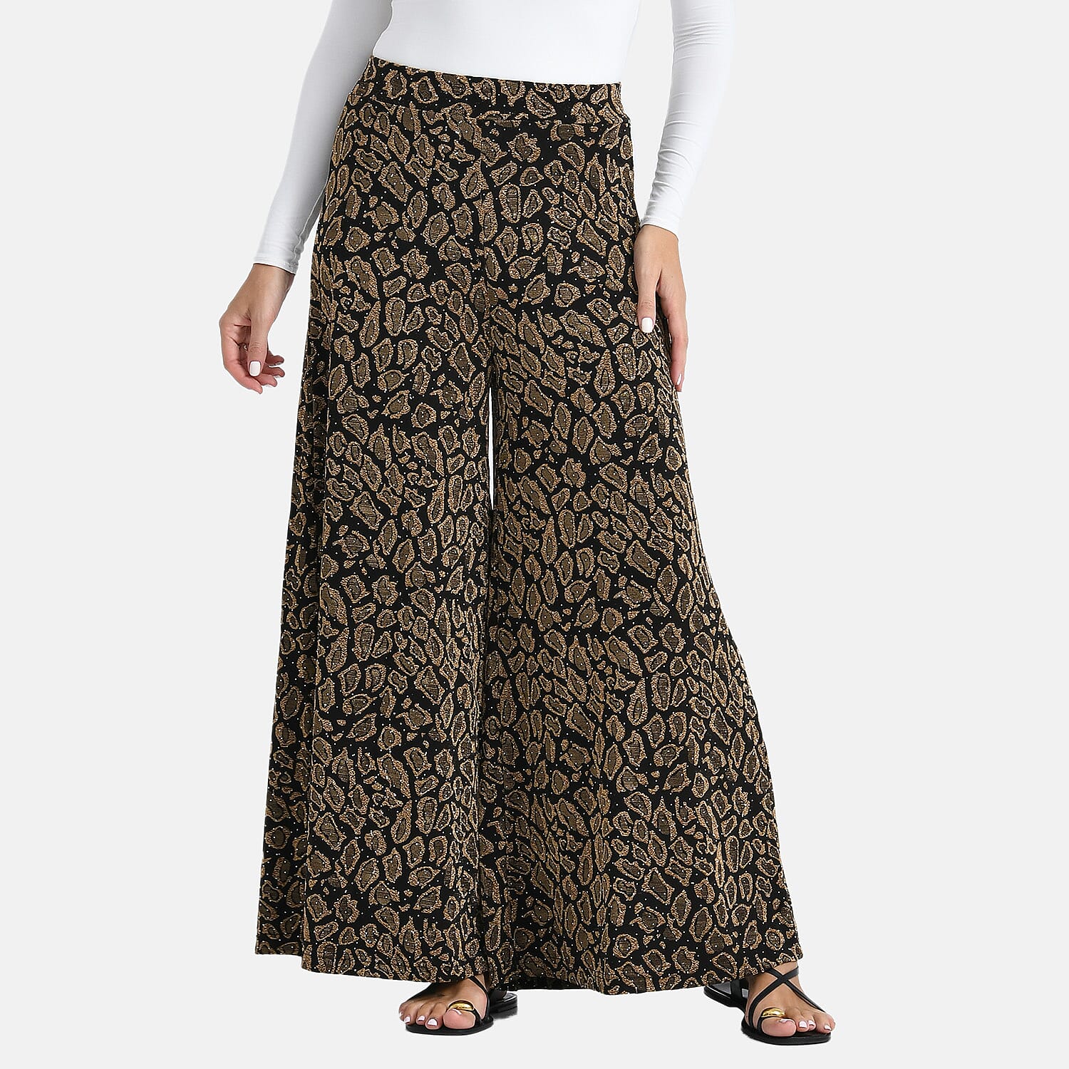 Tamsy Golden Printed Wide Leg Pants with Crystal Embellishment - One Size Fits Most