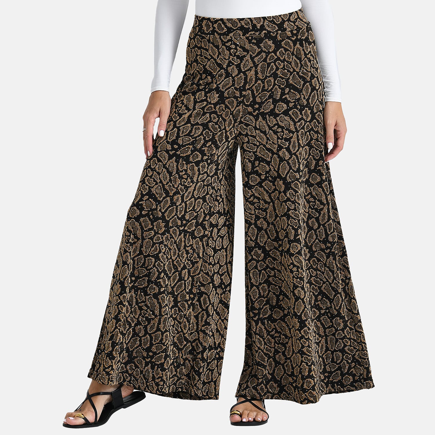 Tamsy Golden Printed Wide Leg Pants with Crystal Embellishment - One Size Fits Most