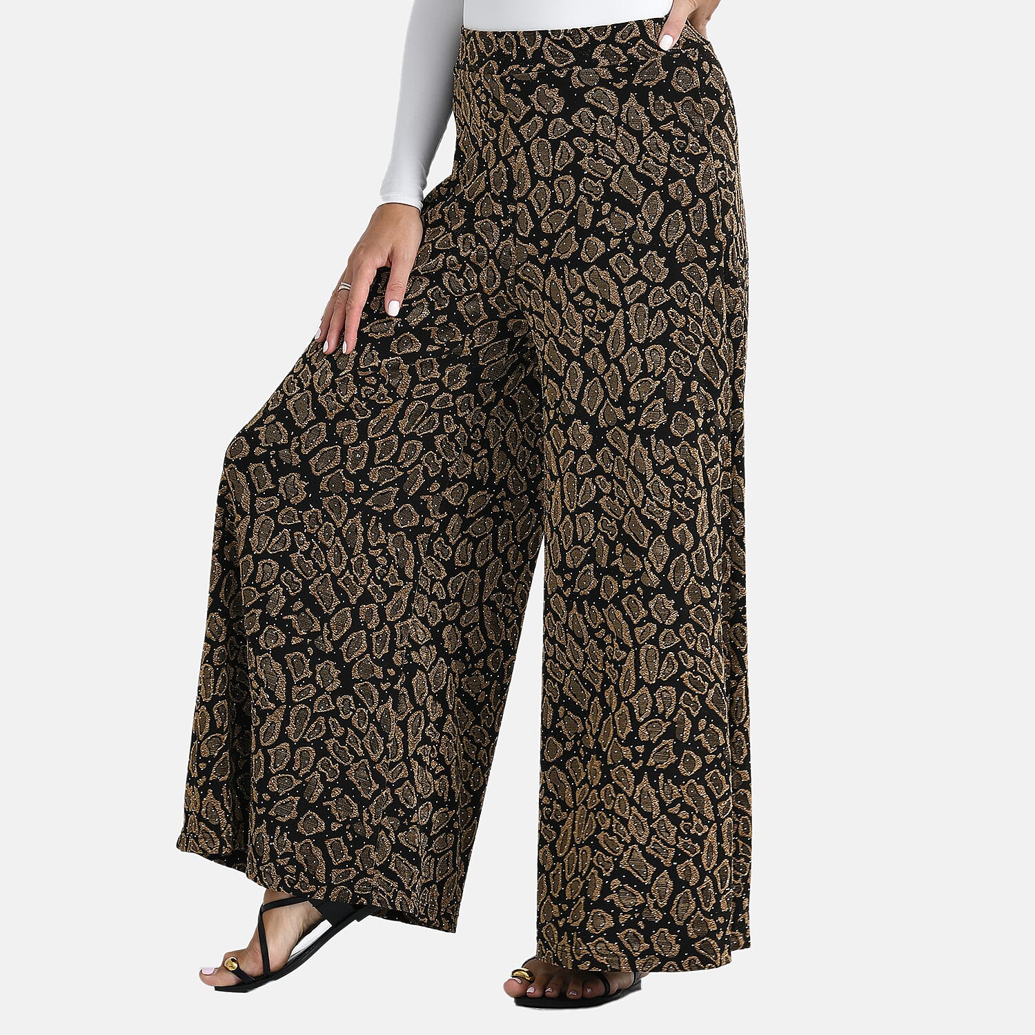 Tamsy Golden Printed Wide Leg Pants with Crystal Embellishment - One Size Fits Most