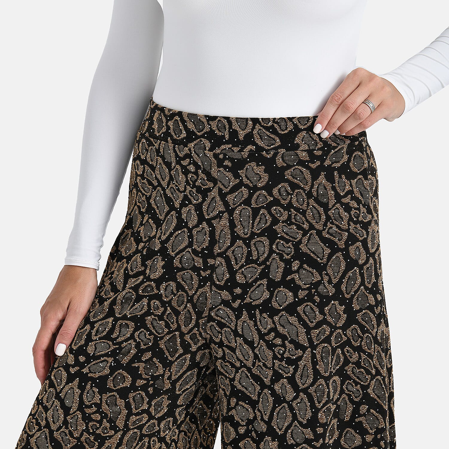 Tamsy Golden Printed Wide Leg Pants with Crystal Embellishment - One Size Fits Most