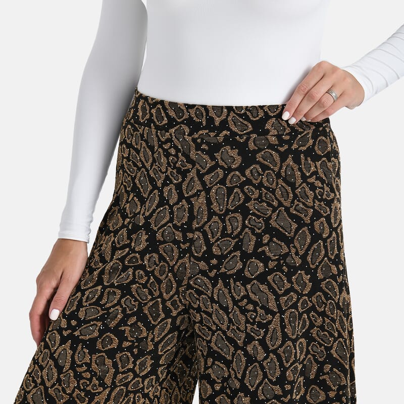 Tamsy Golden Printed Wide Leg Pants with Crystal Embellishment - One Size Fits Most
