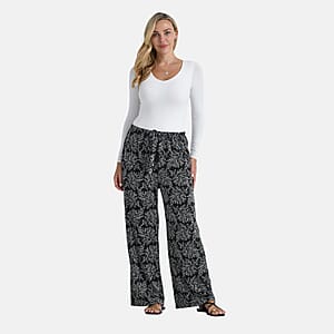 TAMSY Metallic Silver Leaf Print Pant with Fabric Waist Belt – One Size Fits Most