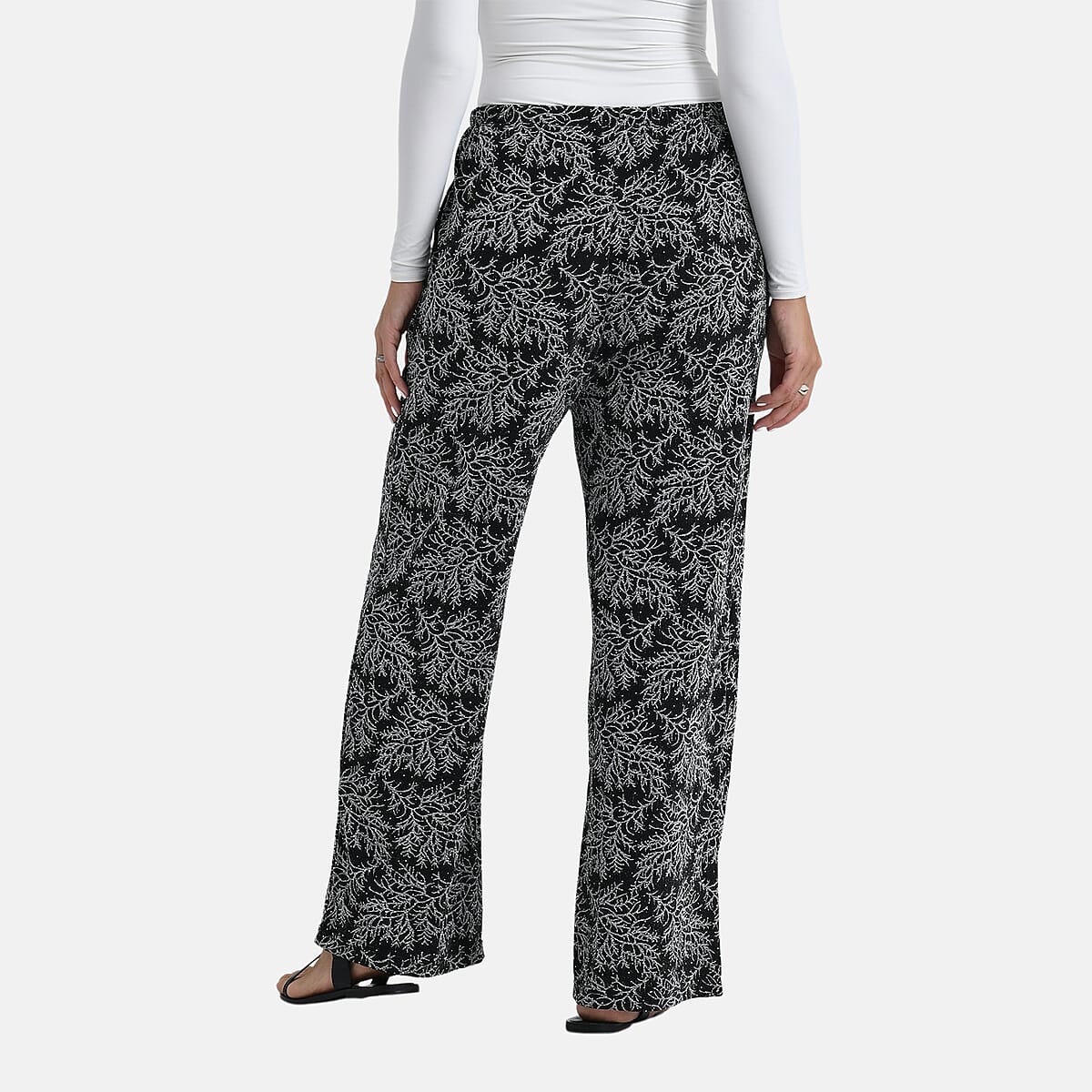 TAMSY Metallic Silver Leaf Print Pant with Fabric Waist Belt – One Size Fits Most image number 1