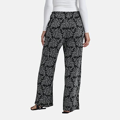 TAMSY Metallic Silver Leaf Print Pant with Fabric Waist Belt – One Size Fits Most