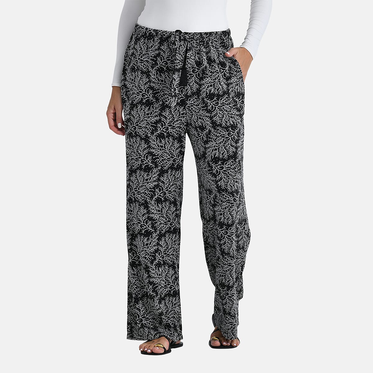 TAMSY Metallic Silver Leaf Print Pant with Fabric Waist Belt – One Size Fits Most image number 2