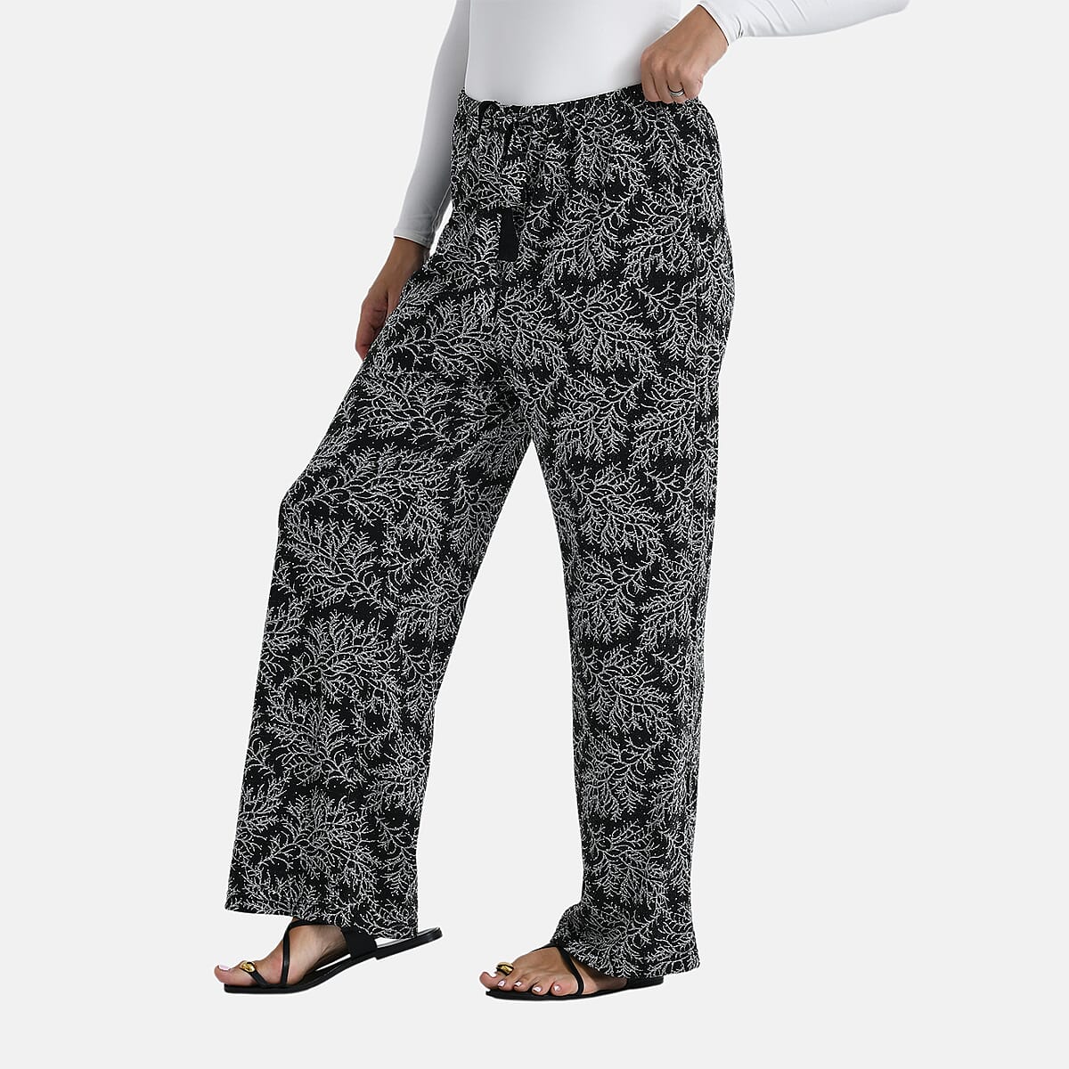 TAMSY Metallic Silver Leaf Print Pant with Fabric Waist Belt – One Size Fits Most image number 3