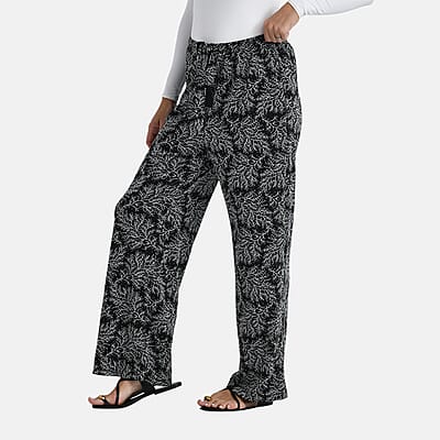 TAMSY Metallic Silver Leaf Print Pant with Fabric Waist Belt – One Size Fits Most