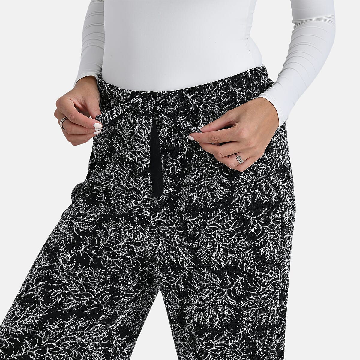TAMSY Metallic Silver Leaf Print Pant with Fabric Waist Belt – One Size Fits Most image number 4