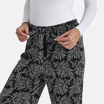 TAMSY Metallic Silver Leaf Print Pant with Fabric Waist Belt – One Size Fits Most