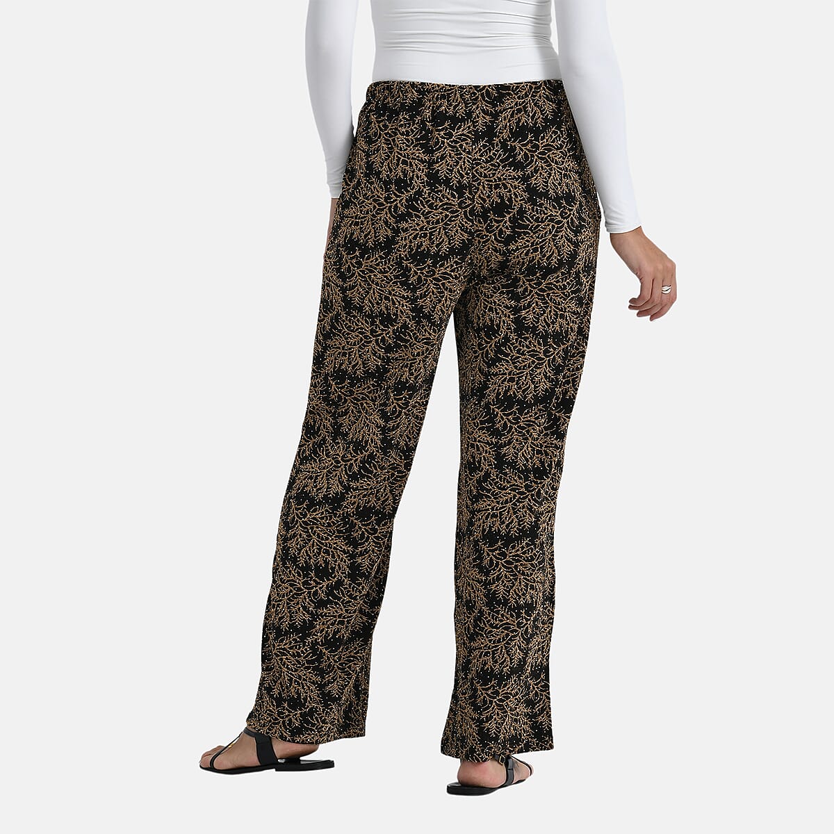 TAMSY Metallic Gold Leaf Print Pant with Fabric Waist Belt &ndash; One Size Fits Most image number 1