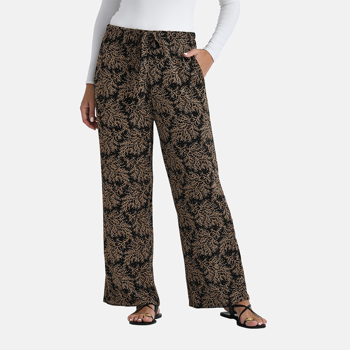 TAMSY Metallic Gold Leaf Print Pant with Fabric Waist Belt &ndash; One Size Fits Most image number 2