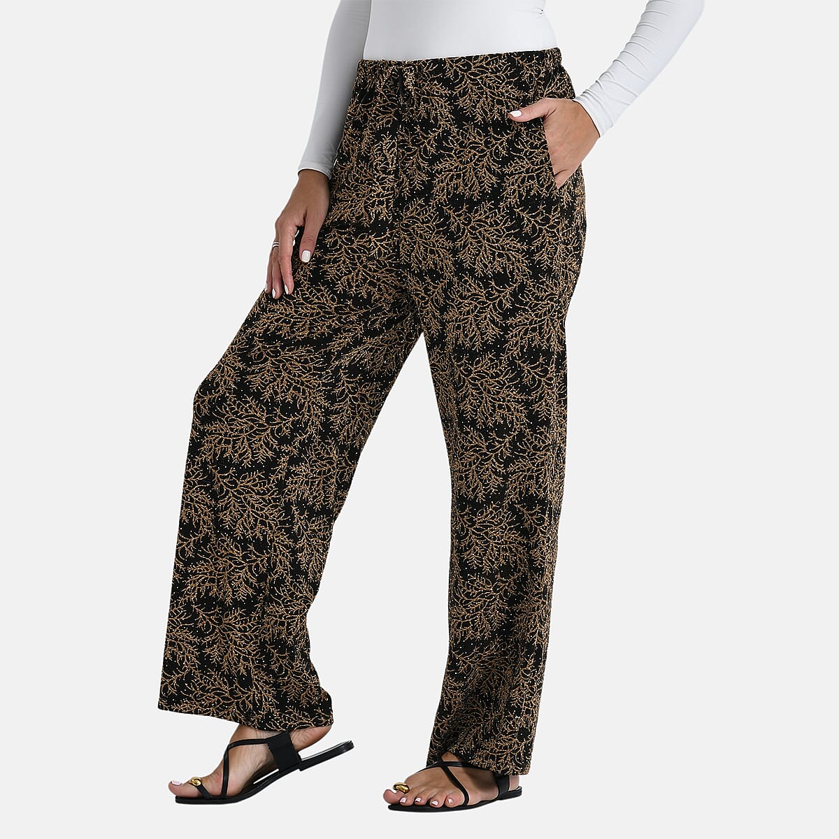 TAMSY Metallic Gold Leaf Print Pant with Fabric Waist Belt &ndash; One Size Fits Most image number 3
