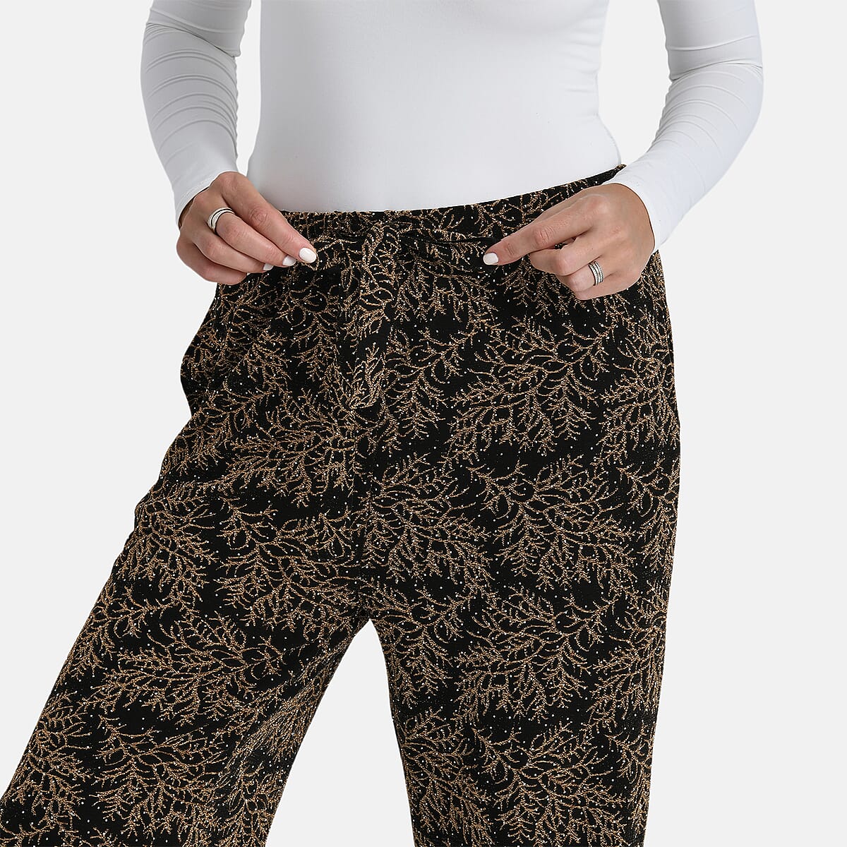 TAMSY Metallic Gold Leaf Print Pant with Fabric Waist Belt &ndash; One Size Fits Most image number 4