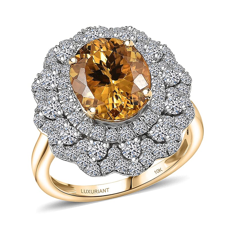 Certified & Appraised 10K Yellow Gold AAA Brazilian Heliodor, Luxuriant Lab Grown Diamond (G-H, SI) Ring (Size 12.0) 4.65 ctw