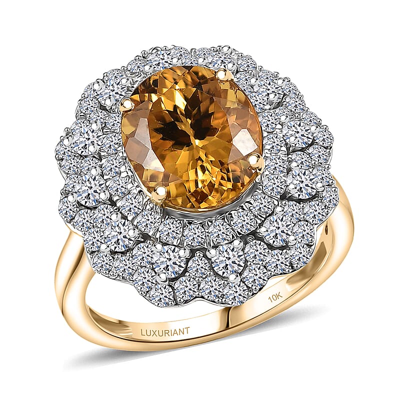 Certified & Appraised AAA Brazilian Heliodor and Luxuriant Lab Grown Diamond G-H SI 4.65 ctw Ring in 10K Yellow Gold (Size 8.0)