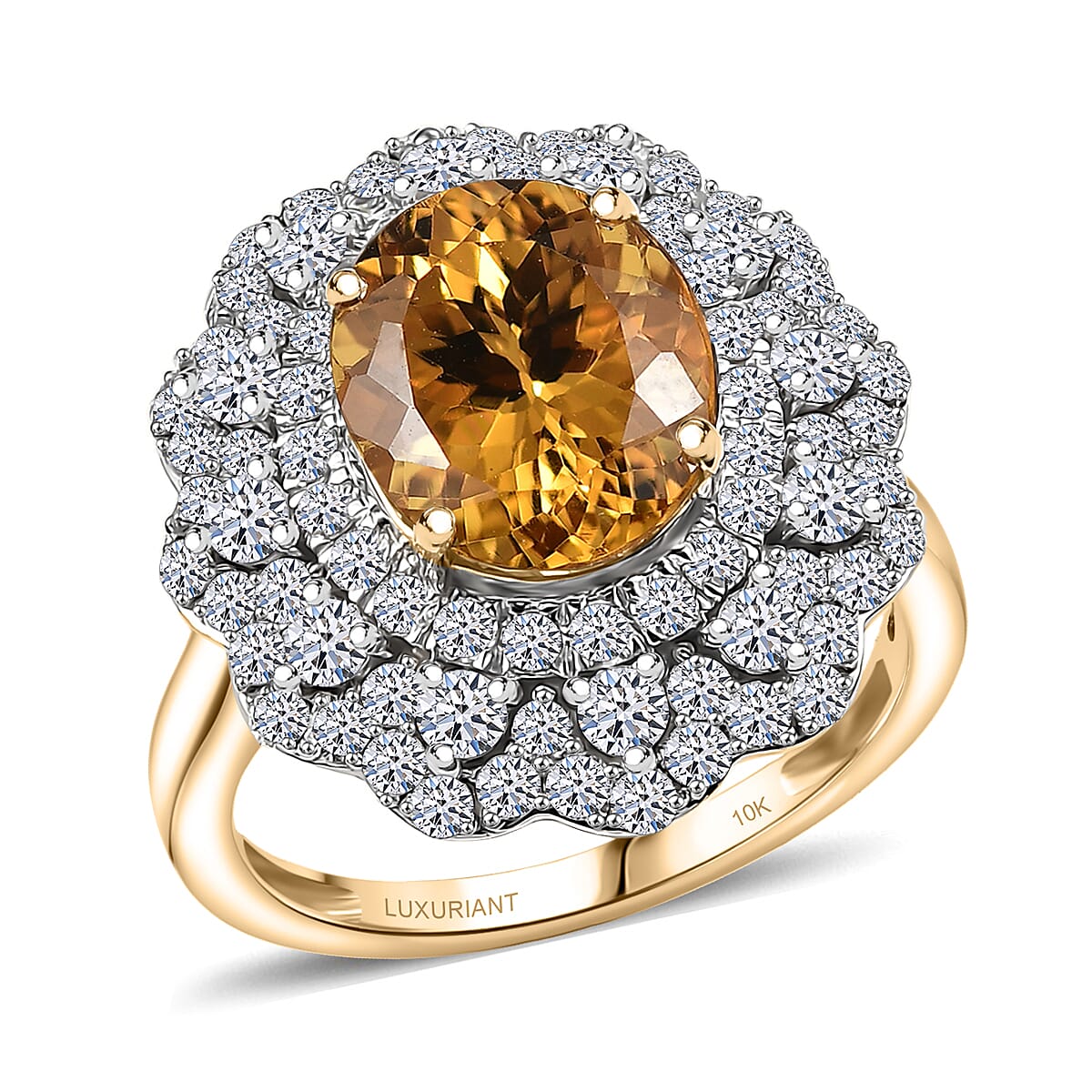 Certified & Appraised AAA Brazilian Heliodor and Luxuriant Lab Grown Diamond G-H SI 4.65 ctw Ring in 10K Yellow Gold (Size 9.0) image number 0