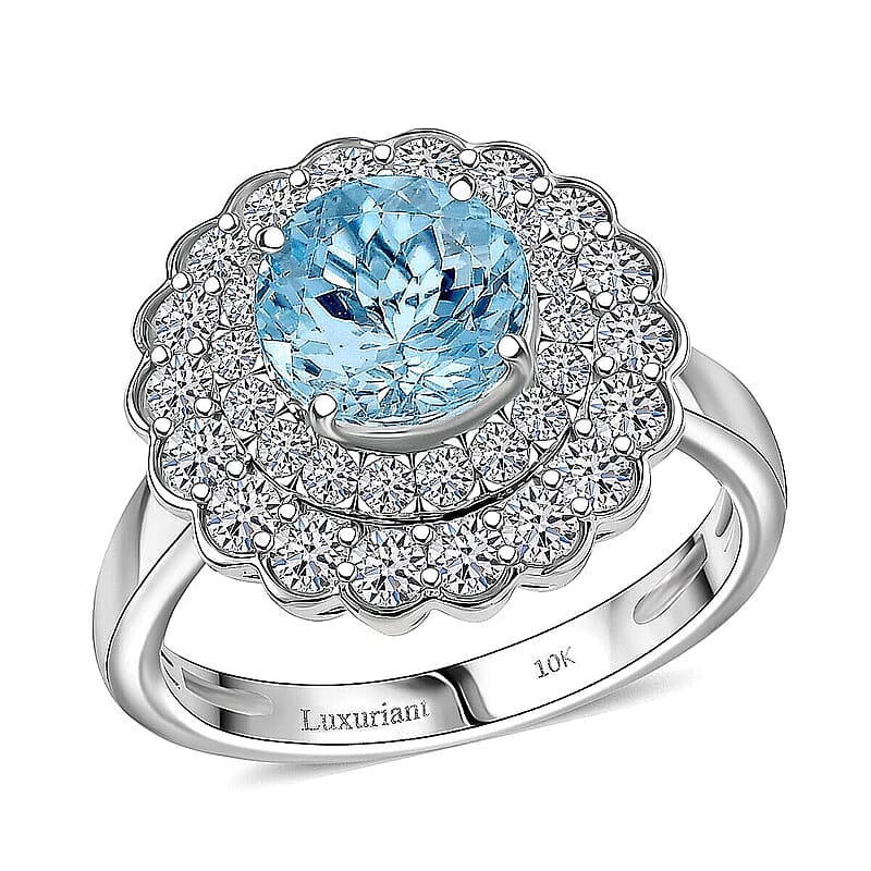 AAA Mangoro Aquamarine, Lab Grown Diamond Ring in 10K White Gold 2.90 ctw (Size 8.0)