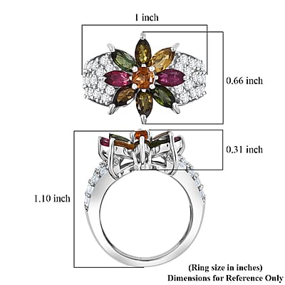 D'Joy Premium Multi-Tourmaline and White Zircon 3.85 ctw Radiant Bloom Ring in Rhodium Over Sterling Silver (Size 10.0)