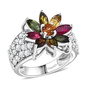 D'Joy Premium Multi-Tourmaline and White Zircon 3.85 ctw Radiant Bloom Ring in Rhodium Over Sterling Silver (Size 5.0) 