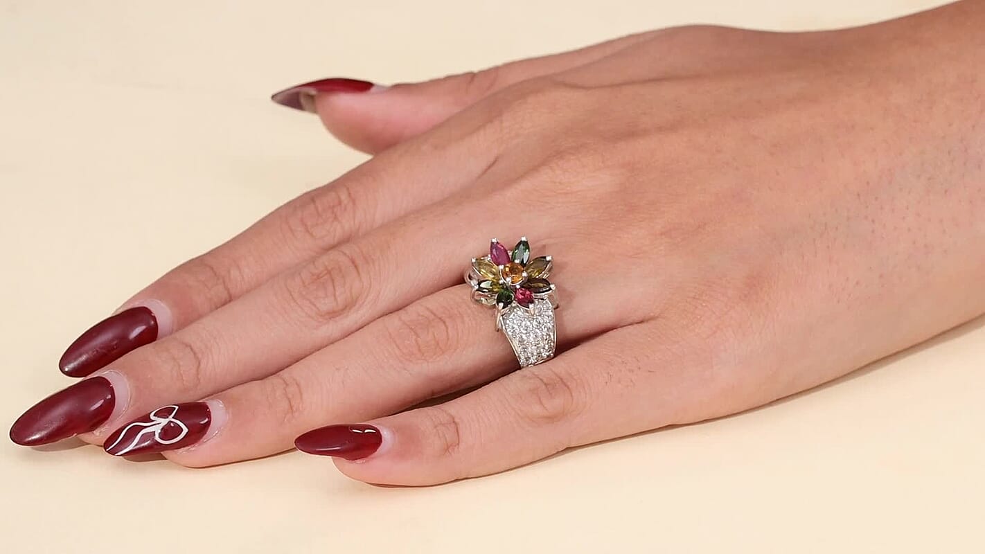 D'Joy Premium Multi-Tourmaline, White Zircon Ring in Rhodium Over Sterling Silver (Size 10.0) 3.50 ctw