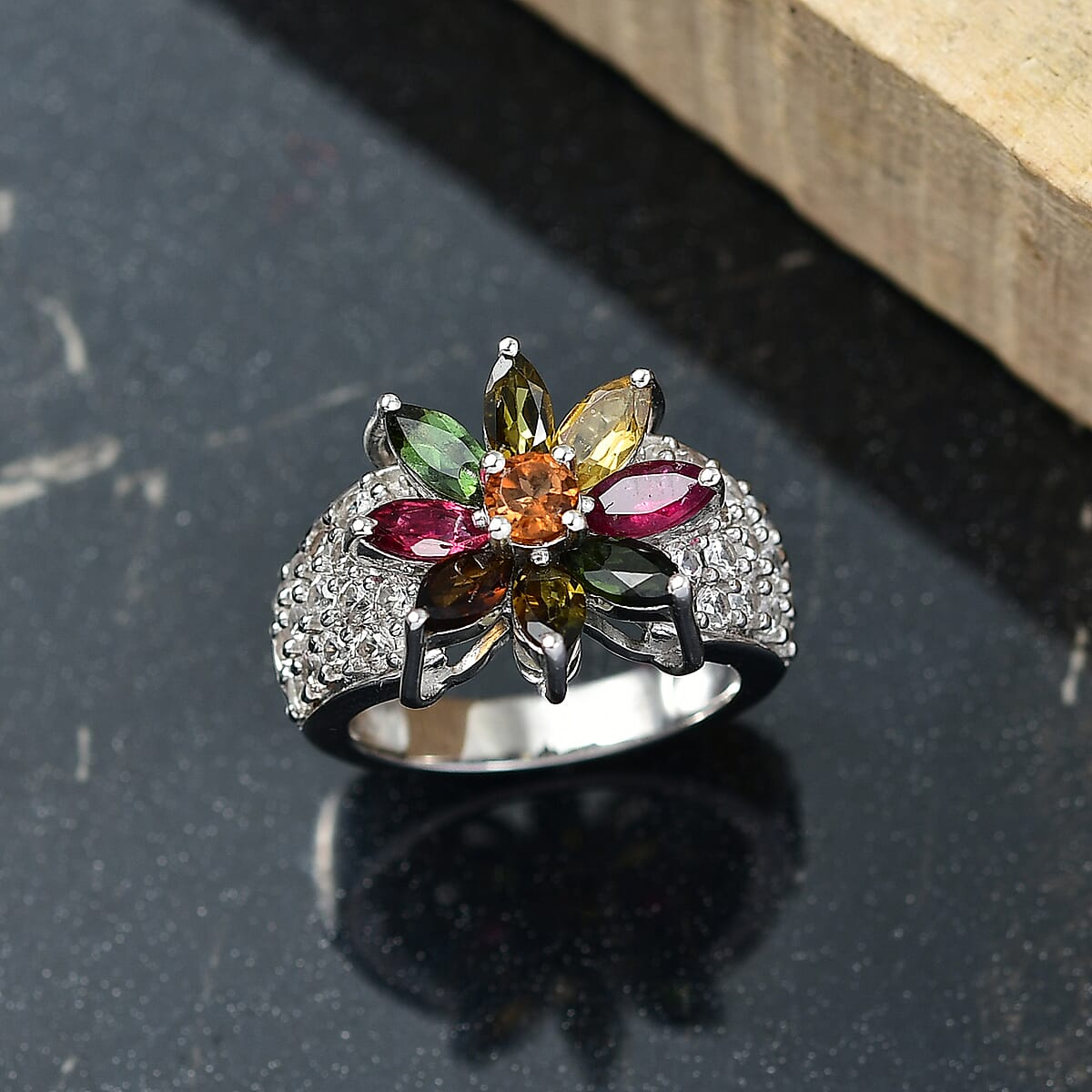 D'Joy Premium Multi-Tourmaline and White Zircon 3.85 ctw Radiant Bloom Ring in Rhodium Over Sterling Silver (Size 5.0)  image number 1