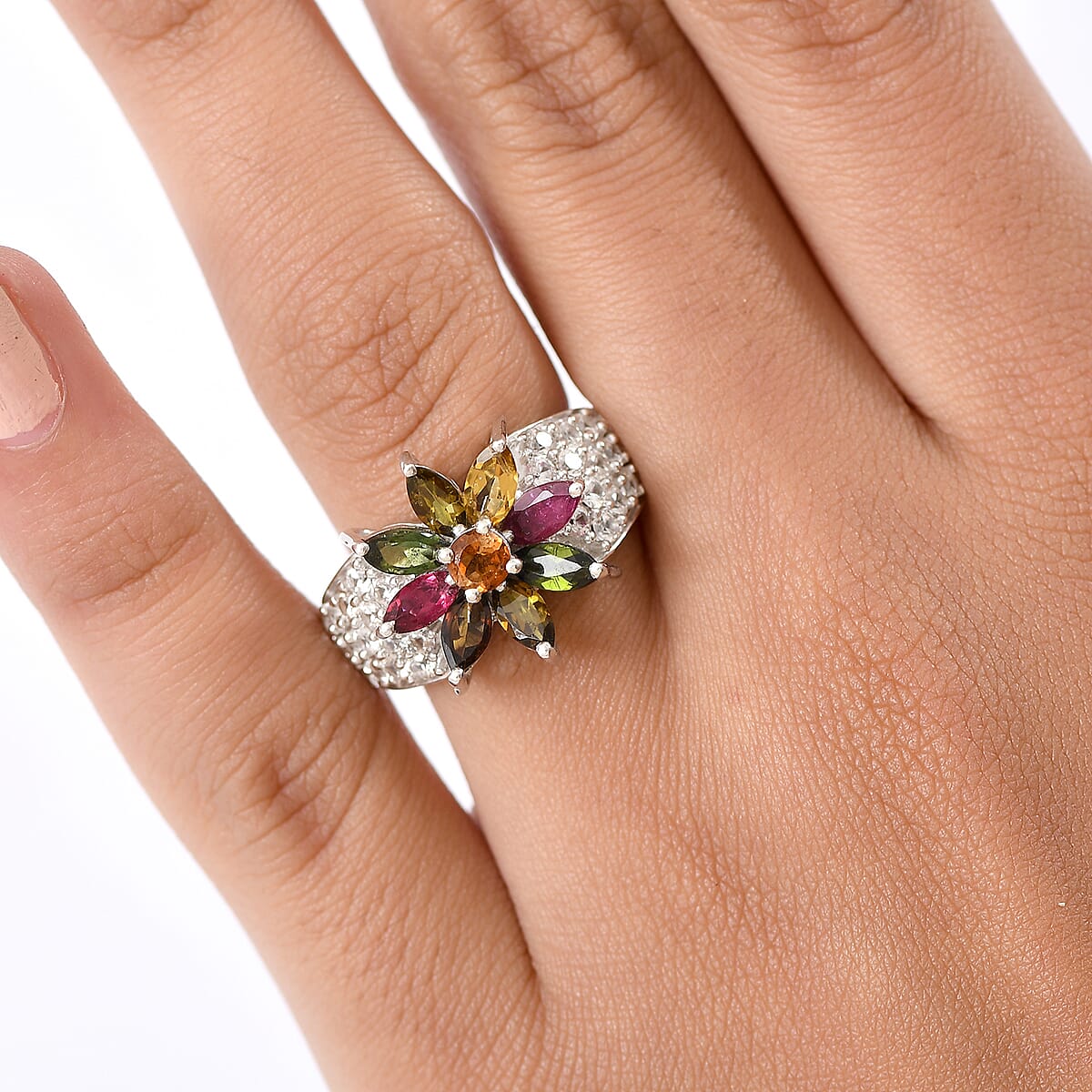 D'Joy Premium Multi-Tourmaline and White Zircon 3.85 ctw Radiant Bloom Ring in Rhodium Over Sterling Silver (Size 5.0)  image number 2
