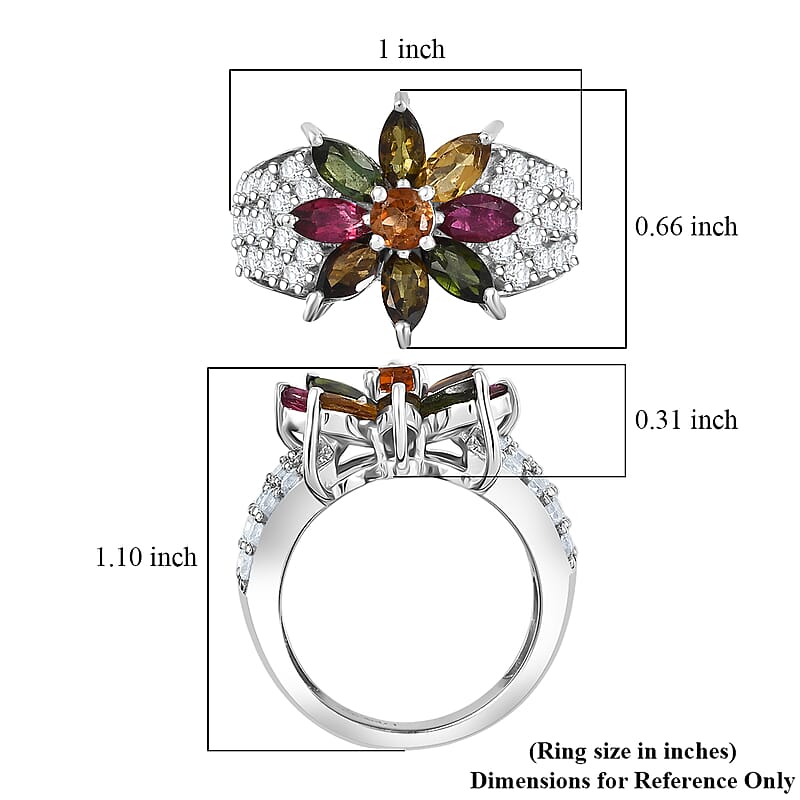 D'Joy Premium Multi-Tourmaline and White Zircon 3.85 ctw Radiant Bloom Ring in Rhodium Over Sterling Silver (Size 5.0)