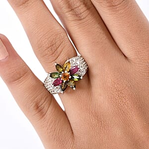 D'Joy Premium Multi-Tourmaline and White Zircon 3.85 ctw Radiant Bloom Ring in Rhodium Over Sterling Silver (Size 6.0) 