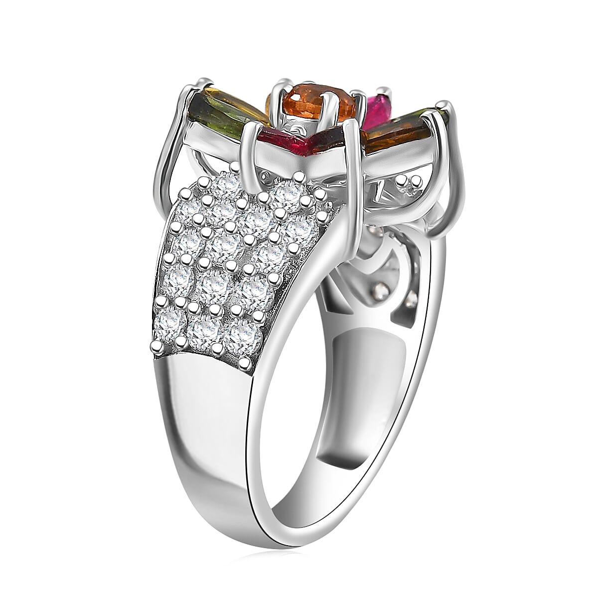 D'Joy Premium Multi-Tourmaline and White Zircon 3.85 ctw Floral Ring in Rhodium Over Sterling Silver (Size 6.0)  image number 3