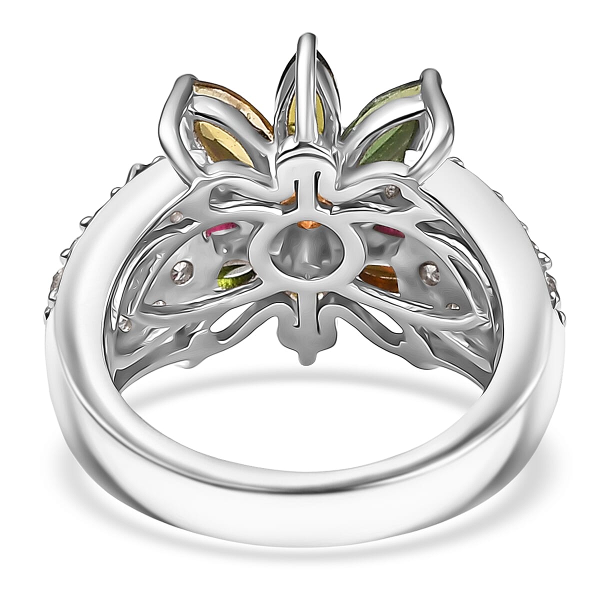 D'Joy Premium Multi-Tourmaline and White Zircon 3.85 ctw Floral Ring in Rhodium Over Sterling Silver (Size 6.0)  image number 4