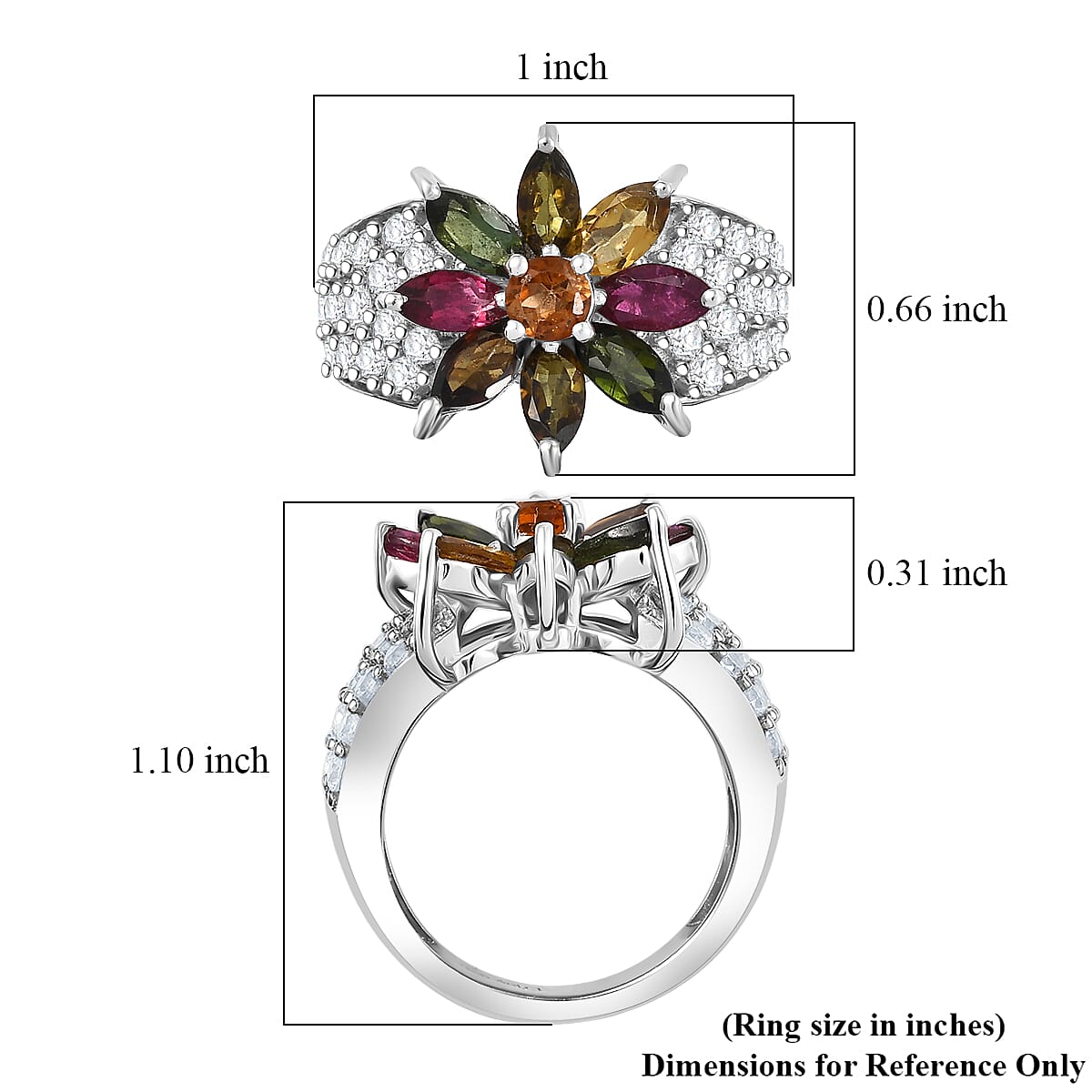 D'Joy Premium Multi-Tourmaline and White Zircon 3.85 ctw Radiant Bloom Ring in Rhodium Over Sterling Silver (Size 7.0)