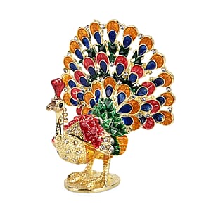 Livmore Multi Color Crystal, Enameled Peacock Trinket Box in Goldtone