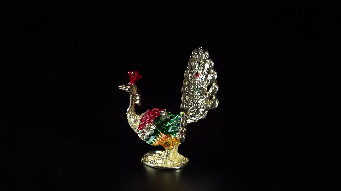 Livmore Multi Color Crystal, Enameled Peacock Trinket Box in Goldtone