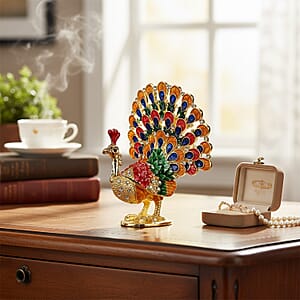 Livmore Multi Color Crystal, Enameled Peacock Trinket Box in Goldtone