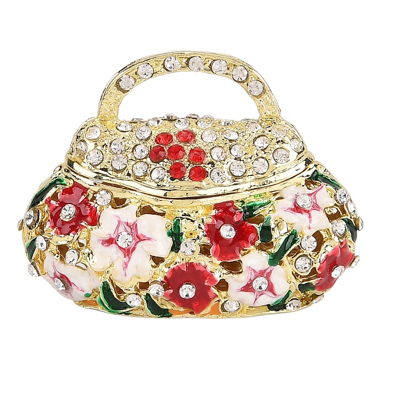 Livmore Multi Color Crystal, Enameled Purse Trinket Box in Goldtone
