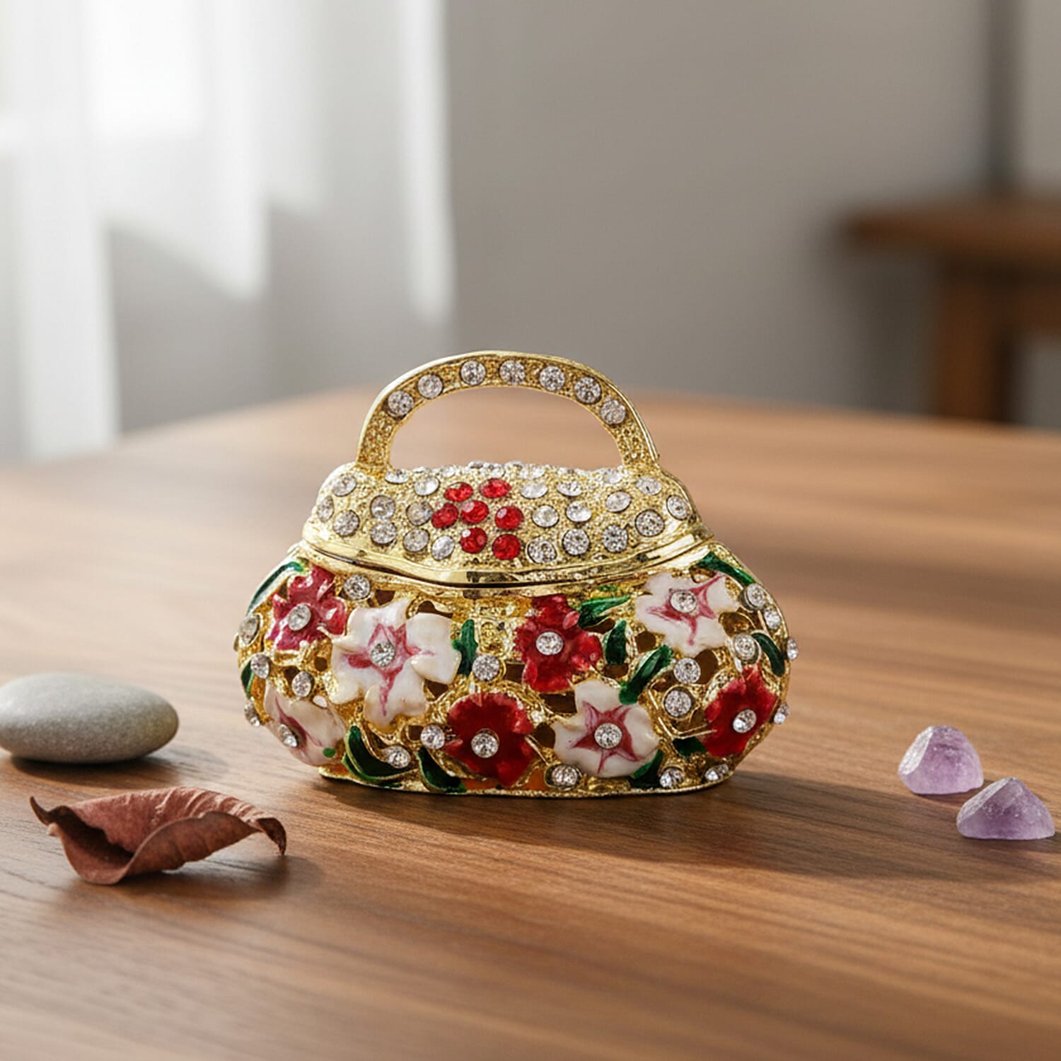 Livmore Multi Color Crystal, Enameled Purse Trinket Box in Goldtone