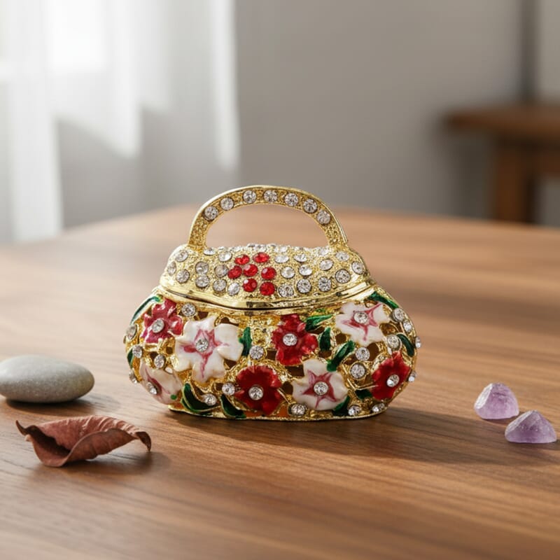 Livmore Multi Color Crystal, Enameled Purse Trinket Box in Goldtone
