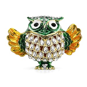 Livmore Multi Color Crystal, Enameled Green Owl Trinket Box in Goldtone