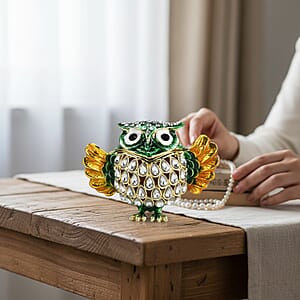 Livmore Multi Color Crystal, Enameled Green Owl Trinket Box in Goldtone