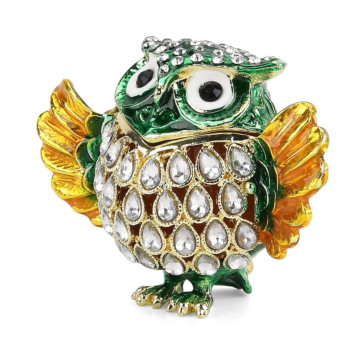 Livmore Multi Color Crystal, Enameled Green Owl Trinket Box in Goldtone image number 2