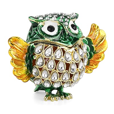 Livmore Multi Color Crystal, Enameled Green Owl Trinket Box in Goldtone