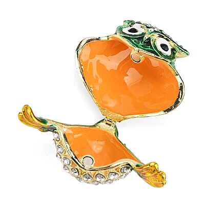 Livmore Multi Color Crystal, Enameled Green Owl Trinket Box in Goldtone