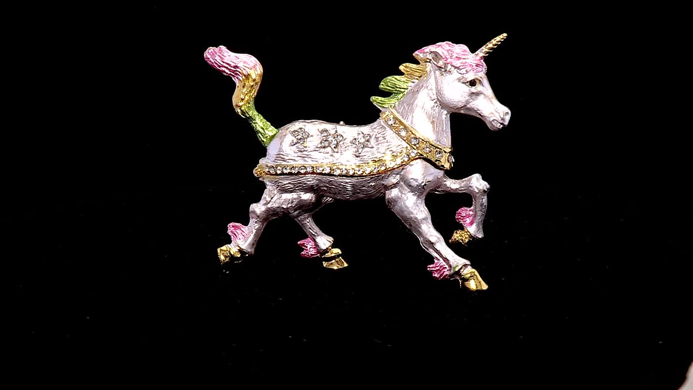 Livmore Multi Color Crystal, Enameled Peacock Trinket Box in Goldtone