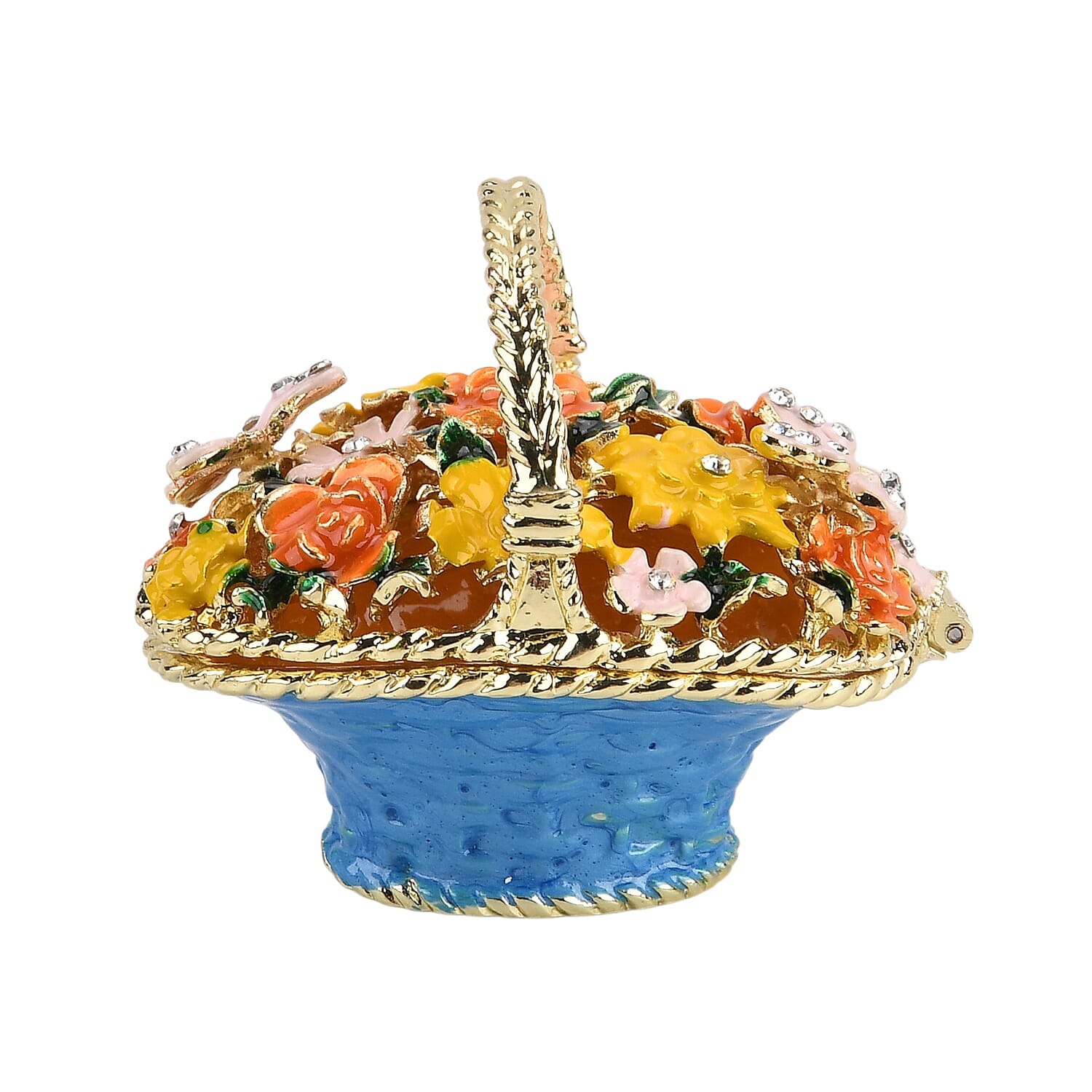 Livmore Multi Color Crystal, Enameled Flower Basket Trinket Box in Goldtone